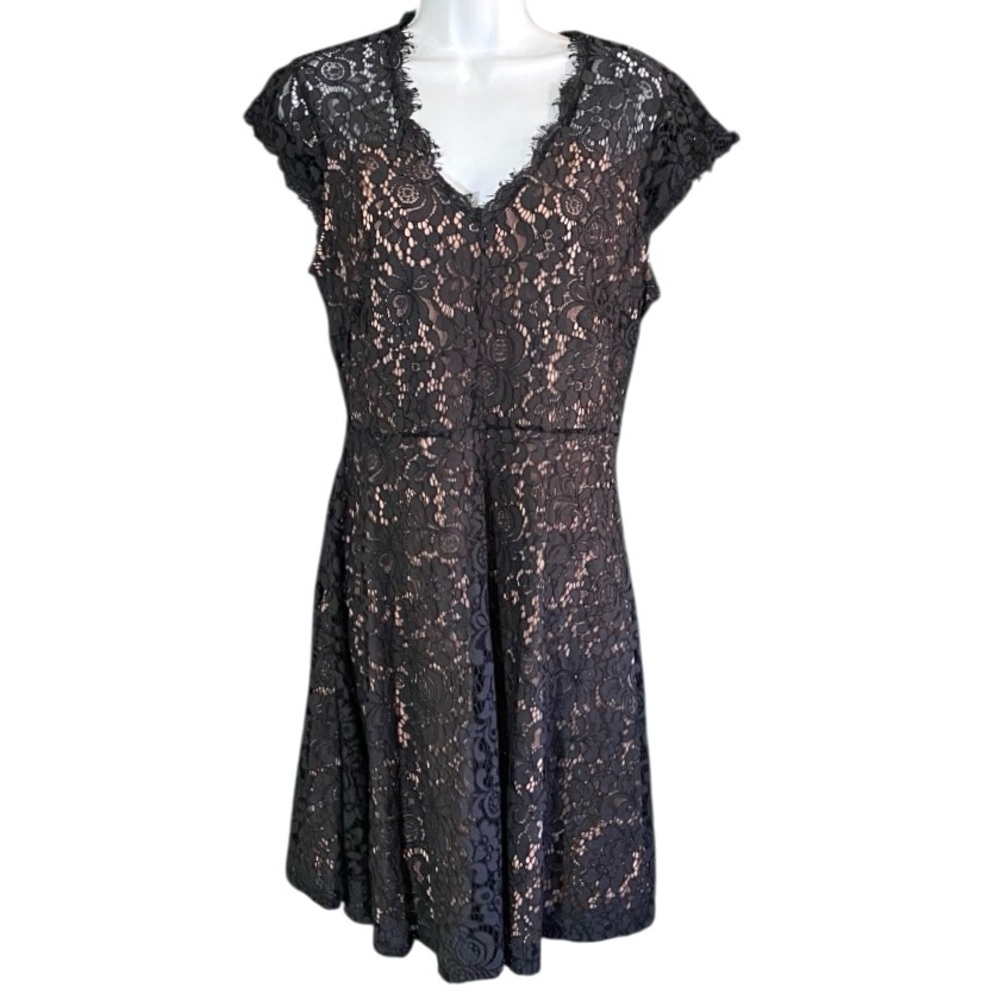 H&M Black Lace Fit & Flare Dress M Pink Lined Romantic Goth Coquette - Picture 5 of 14